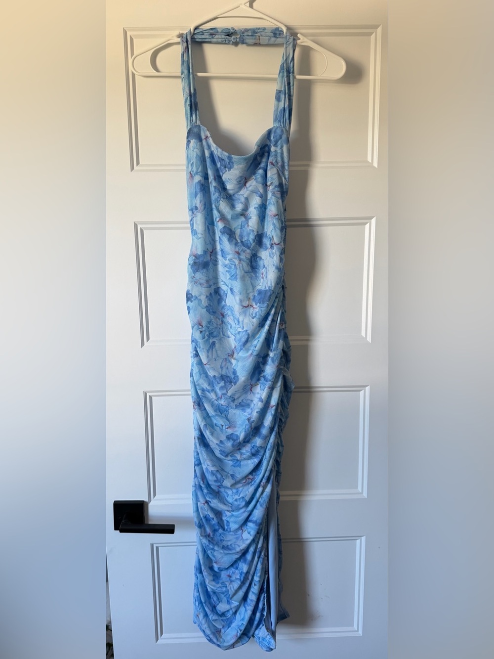 Light Blue Floral Ruched Halter Bodycon Dress